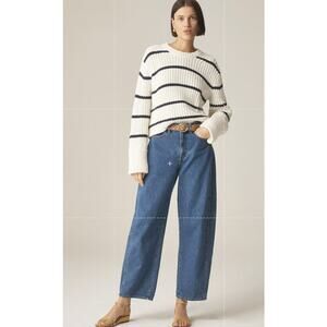 J.Crew Heritage Chunky Cotton Fisherman Crewneck Sweater WMN M Ivory Navy CG685